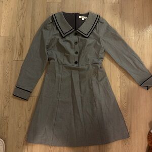 Gray Long-Sleeve Dress with Black Trim